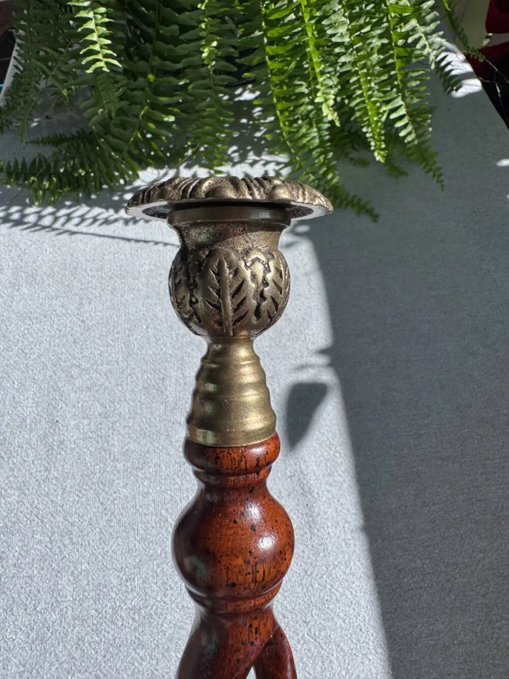 Vintage 15 Inch Wooden Open Barley Twist Candlestick Holder with Brass Sconce